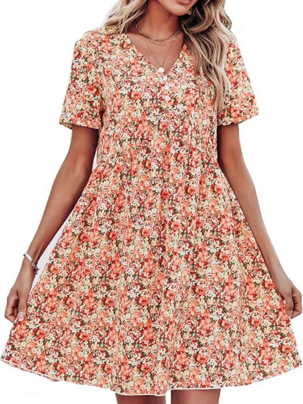 Women's PRETTYGARDEN Dress Short Sleeve V Neck Ruffle Floral Swing Small NEW